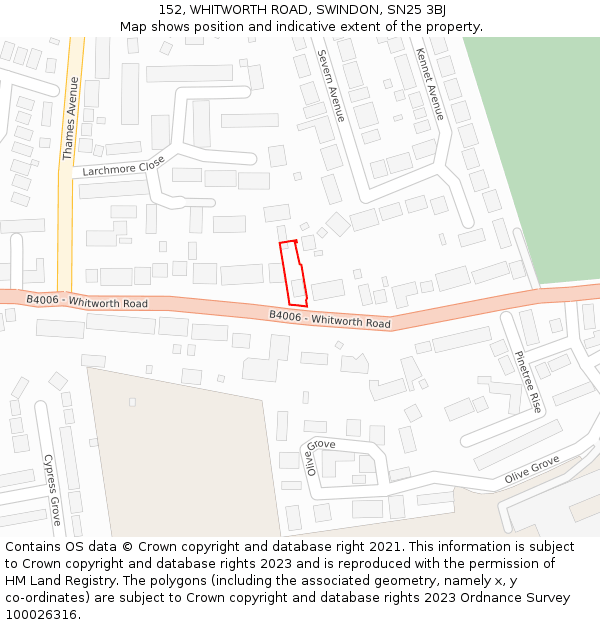 152, WHITWORTH ROAD, SWINDON, SN25 3BJ: Location map and indicative extent of plot