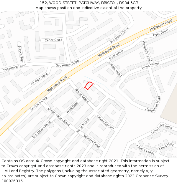 152, WOOD STREET, PATCHWAY, BRISTOL, BS34 5GB: Location map and indicative extent of plot