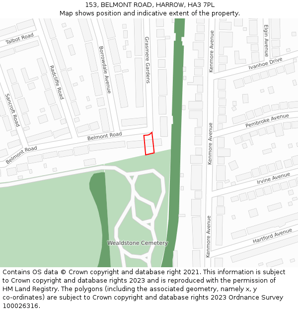 153, BELMONT ROAD, HARROW, HA3 7PL: Location map and indicative extent of plot