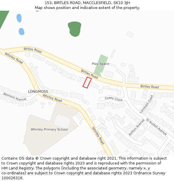 153, BIRTLES ROAD, MACCLESFIELD, SK10 3JH: Location map and indicative extent of plot