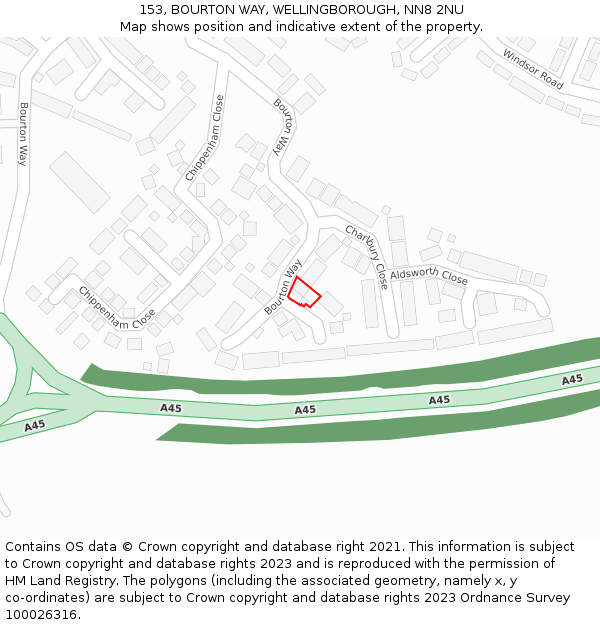 153, BOURTON WAY, WELLINGBOROUGH, NN8 2NU: Location map and indicative extent of plot