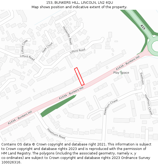 153, BUNKERS HILL, LINCOLN, LN2 4QU: Location map and indicative extent of plot