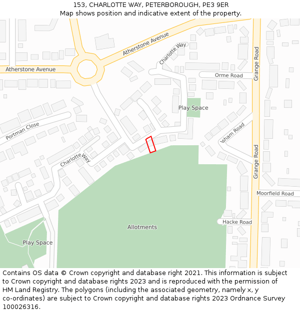 153, CHARLOTTE WAY, PETERBOROUGH, PE3 9ER: Location map and indicative extent of plot