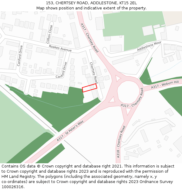 153, CHERTSEY ROAD, ADDLESTONE, KT15 2EL: Location map and indicative extent of plot