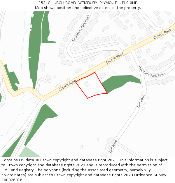 153, CHURCH ROAD, WEMBURY, PLYMOUTH, PL9 0HP: Location map and indicative extent of plot