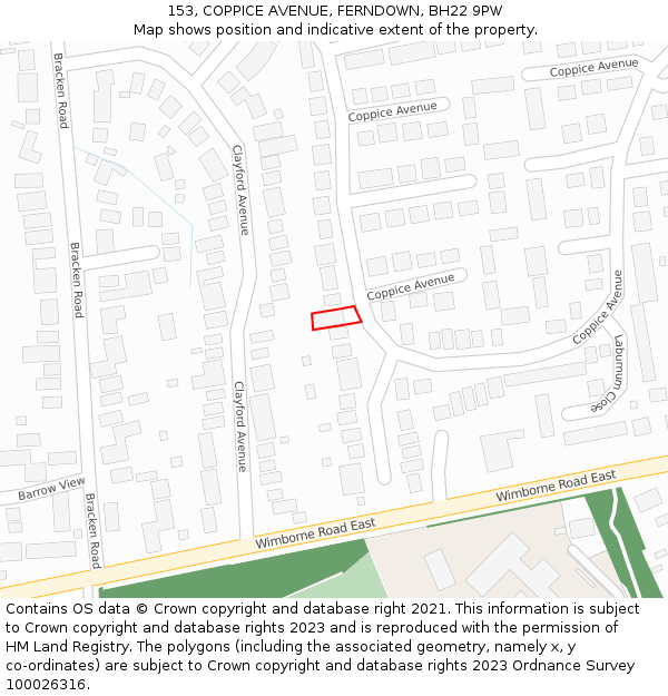 153, COPPICE AVENUE, FERNDOWN, BH22 9PW: Location map and indicative extent of plot