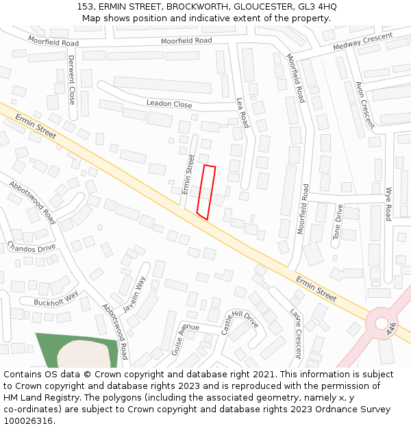 153, ERMIN STREET, BROCKWORTH, GLOUCESTER, GL3 4HQ: Location map and indicative extent of plot