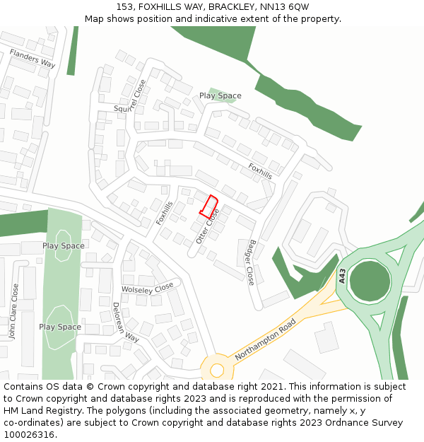 153, FOXHILLS WAY, BRACKLEY, NN13 6QW: Location map and indicative extent of plot