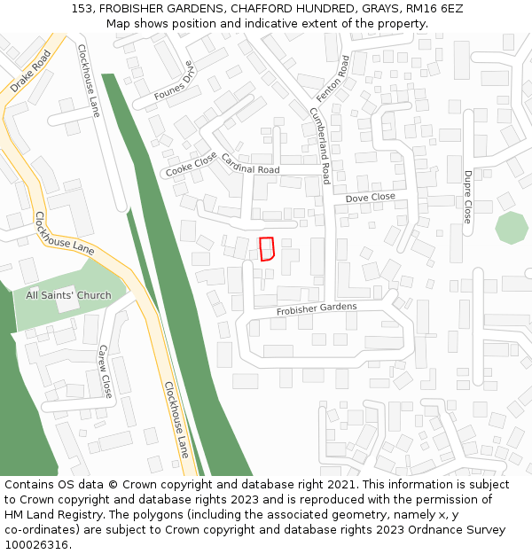 153, FROBISHER GARDENS, CHAFFORD HUNDRED, GRAYS, RM16 6EZ: Location map and indicative extent of plot