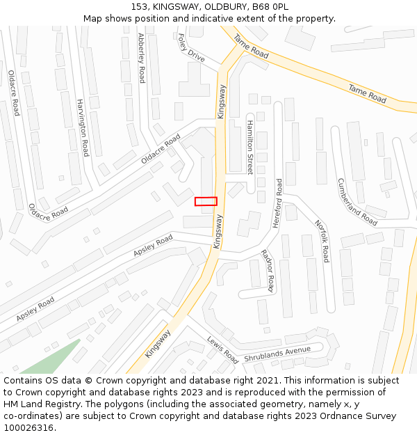 153, KINGSWAY, OLDBURY, B68 0PL: Location map and indicative extent of plot