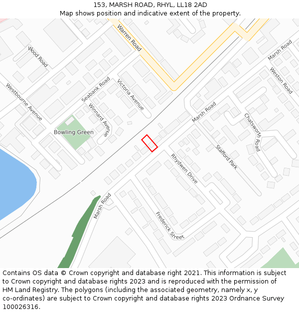 153, MARSH ROAD, RHYL, LL18 2AD: Location map and indicative extent of plot