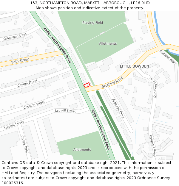 153, NORTHAMPTON ROAD, MARKET HARBOROUGH, LE16 9HD: Location map and indicative extent of plot