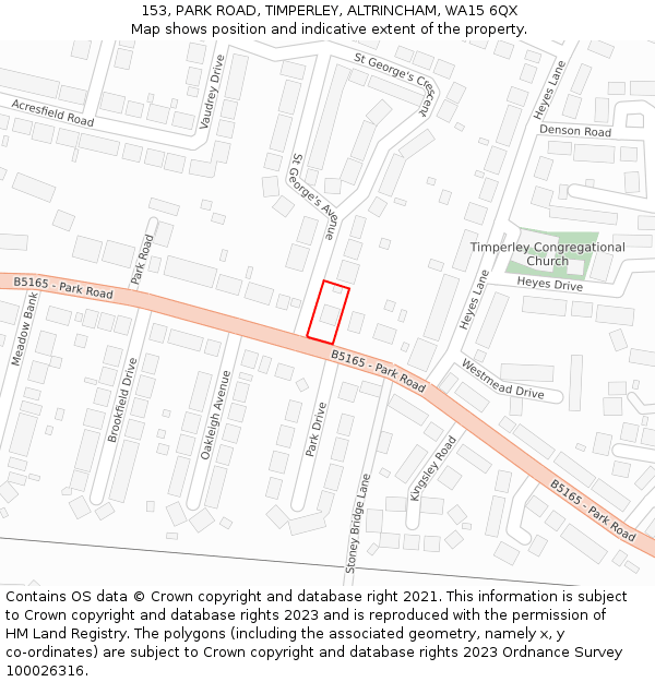 153, PARK ROAD, TIMPERLEY, ALTRINCHAM, WA15 6QX: Location map and indicative extent of plot