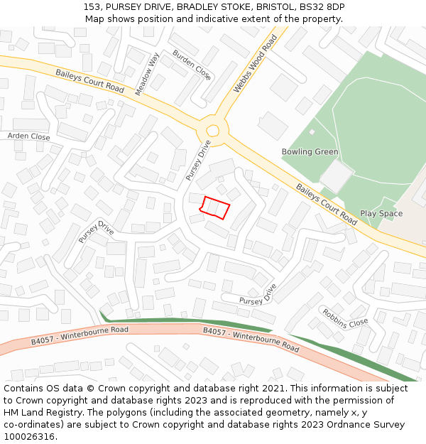 153, PURSEY DRIVE, BRADLEY STOKE, BRISTOL, BS32 8DP: Location map and indicative extent of plot