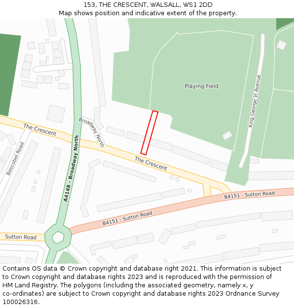 153, THE CRESCENT, WALSALL, WS1 2DD: Location map and indicative extent of plot