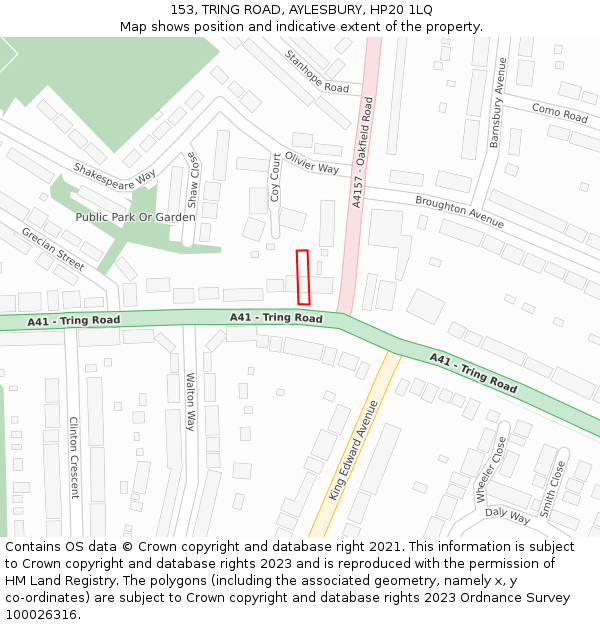 153, TRING ROAD, AYLESBURY, HP20 1LQ: Location map and indicative extent of plot