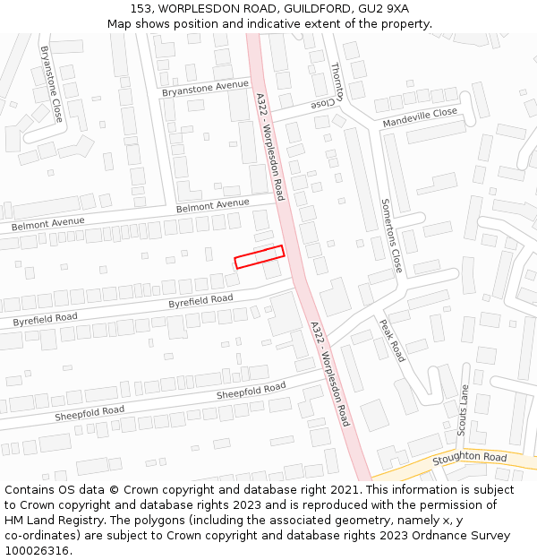 153, WORPLESDON ROAD, GUILDFORD, GU2 9XA: Location map and indicative extent of plot