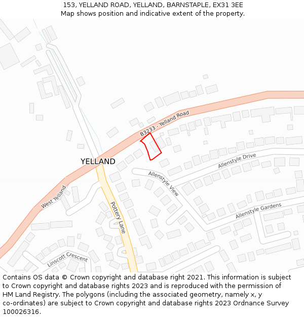 153, YELLAND ROAD, YELLAND, BARNSTAPLE, EX31 3EE: Location map and indicative extent of plot