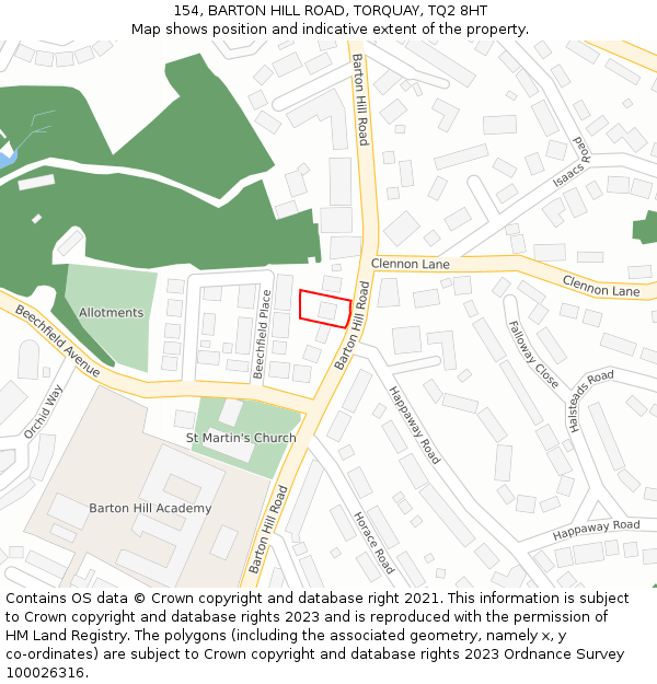 154, BARTON HILL ROAD, TORQUAY, TQ2 8HT: Location map and indicative extent of plot