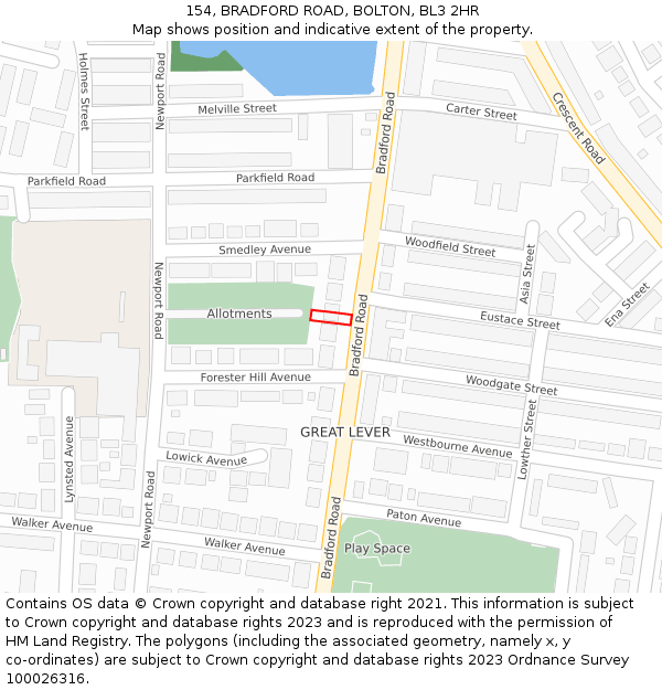 154, BRADFORD ROAD, BOLTON, BL3 2HR: Location map and indicative extent of plot