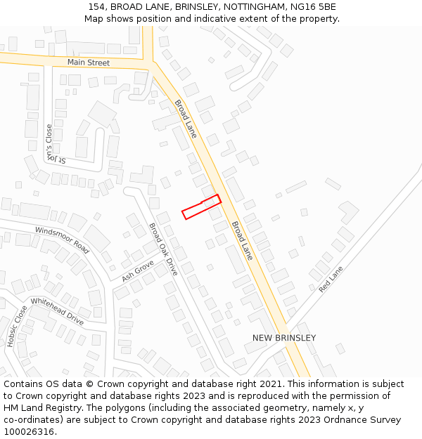 154, BROAD LANE, BRINSLEY, NOTTINGHAM, NG16 5BE: Location map and indicative extent of plot