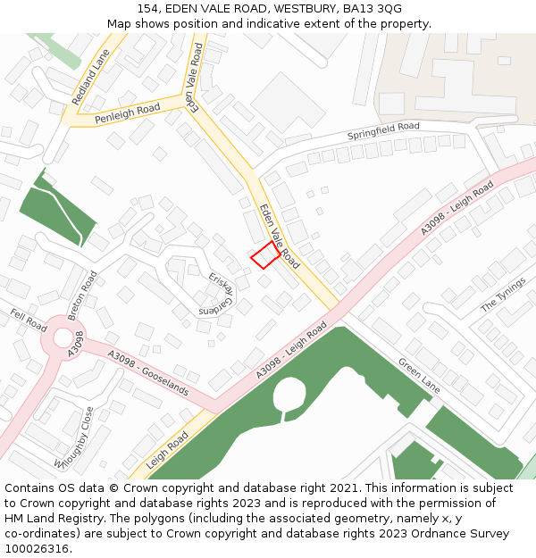 154, EDEN VALE ROAD, WESTBURY, BA13 3QG: Location map and indicative extent of plot