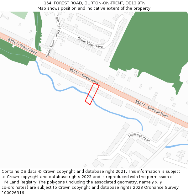 154, FOREST ROAD, BURTON-ON-TRENT, DE13 9TN: Location map and indicative extent of plot