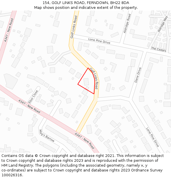 154, GOLF LINKS ROAD, FERNDOWN, BH22 8DA: Location map and indicative extent of plot