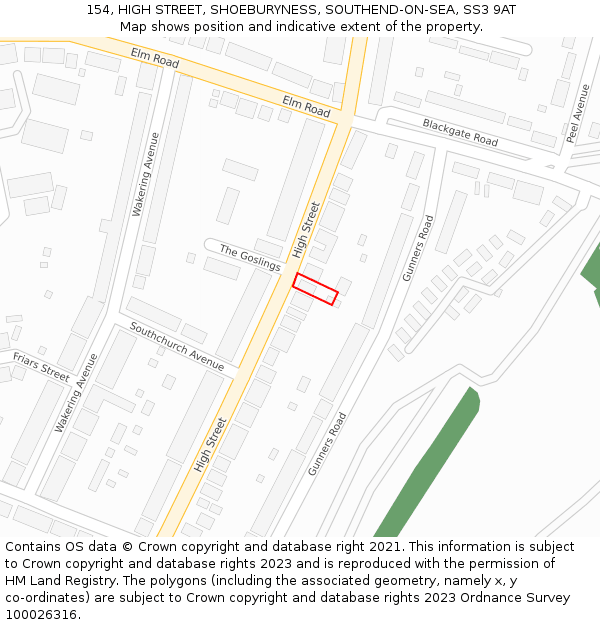 154, HIGH STREET, SHOEBURYNESS, SOUTHEND-ON-SEA, SS3 9AT: Location map and indicative extent of plot