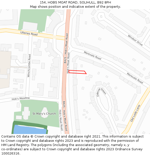 154, HOBS MOAT ROAD, SOLIHULL, B92 8PH: Location map and indicative extent of plot