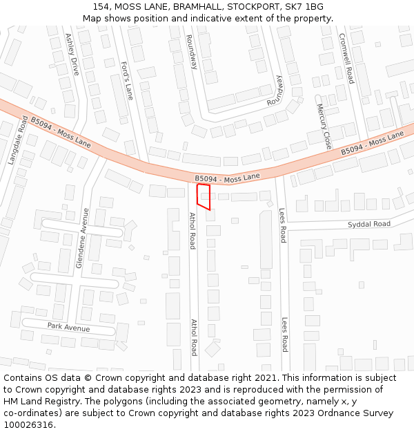 154, MOSS LANE, BRAMHALL, STOCKPORT, SK7 1BG: Location map and indicative extent of plot