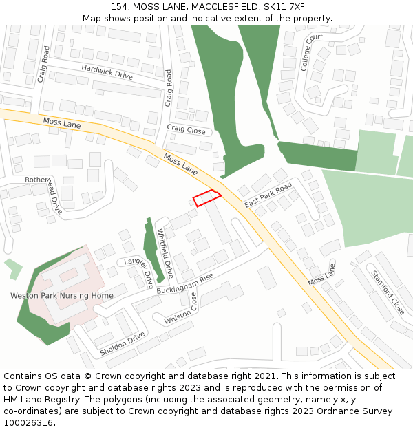 154, MOSS LANE, MACCLESFIELD, SK11 7XF: Location map and indicative extent of plot