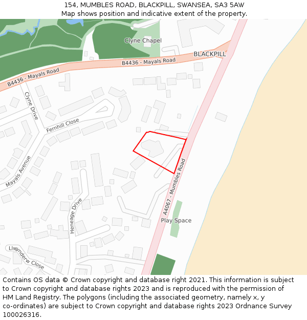 154, MUMBLES ROAD, BLACKPILL, SWANSEA, SA3 5AW: Location map and indicative extent of plot