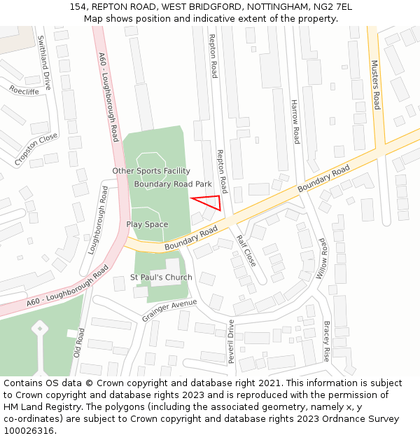 154, REPTON ROAD, WEST BRIDGFORD, NOTTINGHAM, NG2 7EL: Location map and indicative extent of plot