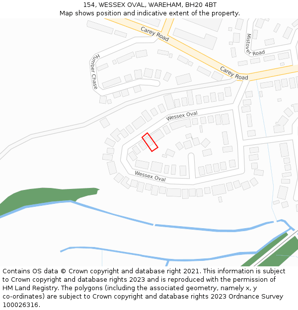 154, WESSEX OVAL, WAREHAM, BH20 4BT: Location map and indicative extent of plot