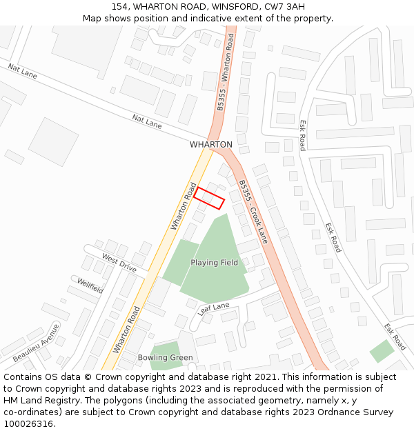 154, WHARTON ROAD, WINSFORD, CW7 3AH: Location map and indicative extent of plot