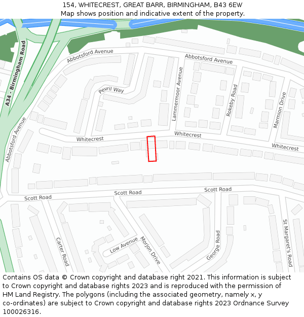 154, WHITECREST, GREAT BARR, BIRMINGHAM, B43 6EW: Location map and indicative extent of plot