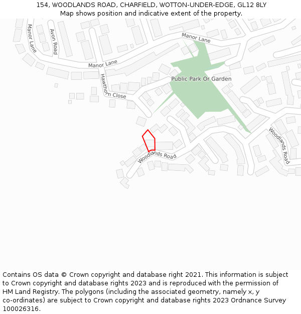 154, WOODLANDS ROAD, CHARFIELD, WOTTON-UNDER-EDGE, GL12 8LY: Location map and indicative extent of plot