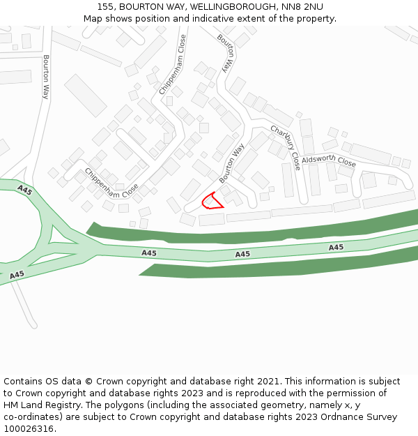 155, BOURTON WAY, WELLINGBOROUGH, NN8 2NU: Location map and indicative extent of plot