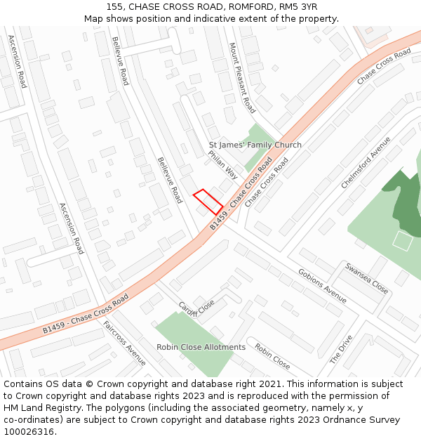 155, CHASE CROSS ROAD, ROMFORD, RM5 3YR: Location map and indicative extent of plot