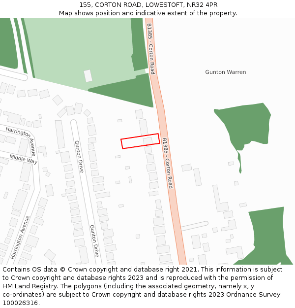 155, CORTON ROAD, LOWESTOFT, NR32 4PR: Location map and indicative extent of plot