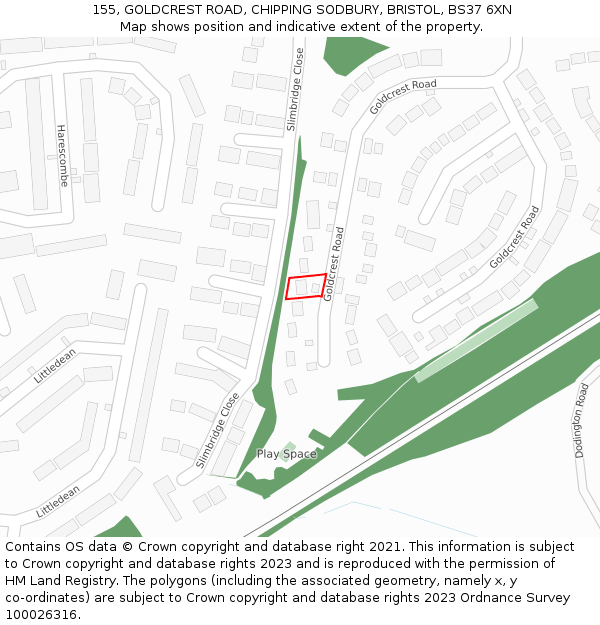 155, GOLDCREST ROAD, CHIPPING SODBURY, BRISTOL, BS37 6XN: Location map and indicative extent of plot