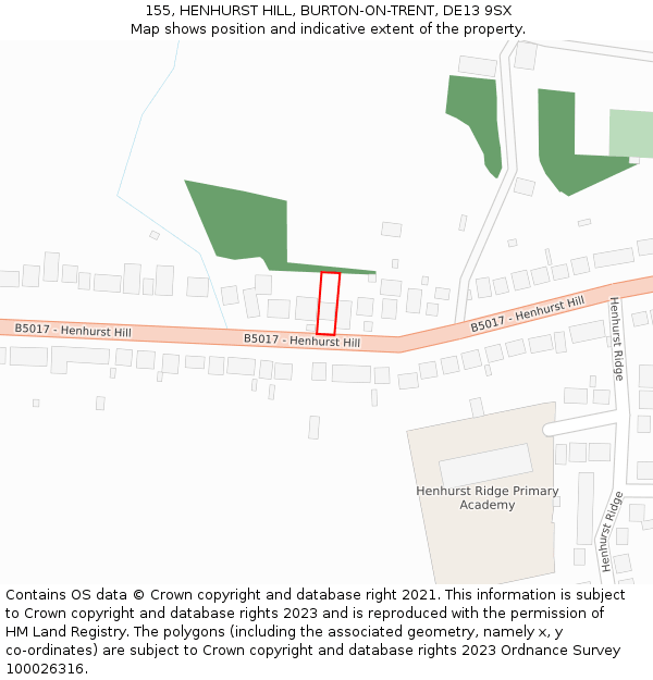 155, HENHURST HILL, BURTON-ON-TRENT, DE13 9SX: Location map and indicative extent of plot