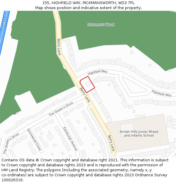 155, HIGHFIELD WAY, RICKMANSWORTH, WD3 7PL: Location map and indicative extent of plot