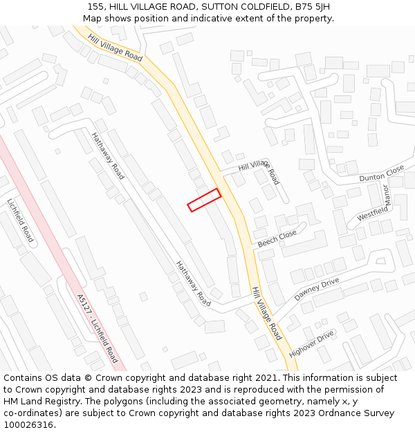 155, HILL VILLAGE ROAD, SUTTON COLDFIELD, B75 5JH: Location map and indicative extent of plot