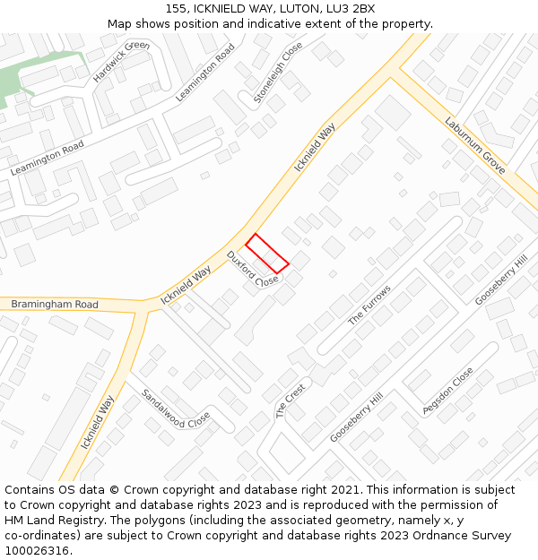 155, ICKNIELD WAY, LUTON, LU3 2BX: Location map and indicative extent of plot