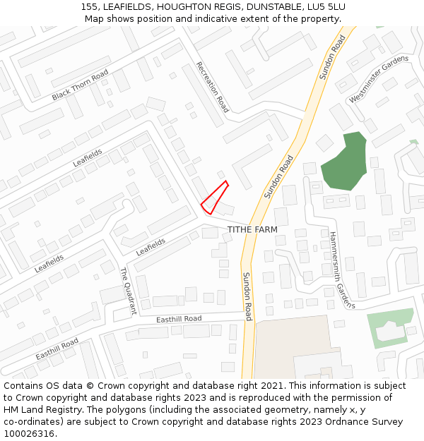 155, LEAFIELDS, HOUGHTON REGIS, DUNSTABLE, LU5 5LU: Location map and indicative extent of plot