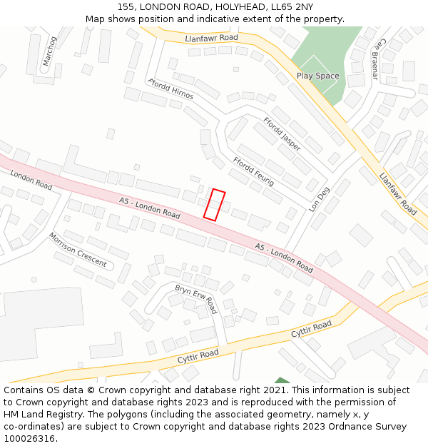 155, LONDON ROAD, HOLYHEAD, LL65 2NY: Location map and indicative extent of plot