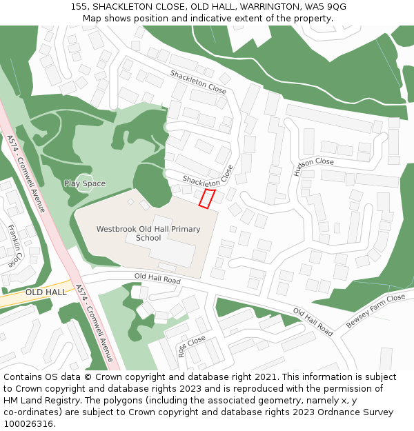 155, SHACKLETON CLOSE, OLD HALL, WARRINGTON, WA5 9QG: Location map and indicative extent of plot