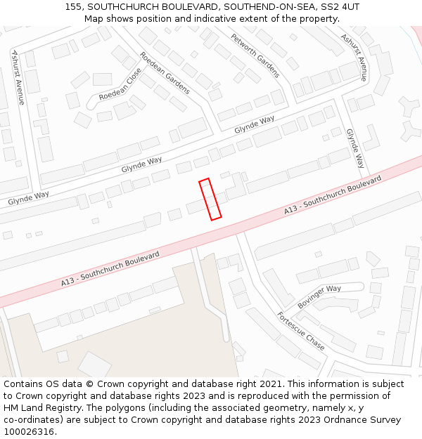 155, SOUTHCHURCH BOULEVARD, SOUTHEND-ON-SEA, SS2 4UT: Location map and indicative extent of plot